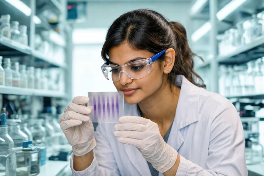 Lab technician looking at a von Willebrand gel done on an HYDRASYS 2 SCAN FOCUSING instrument