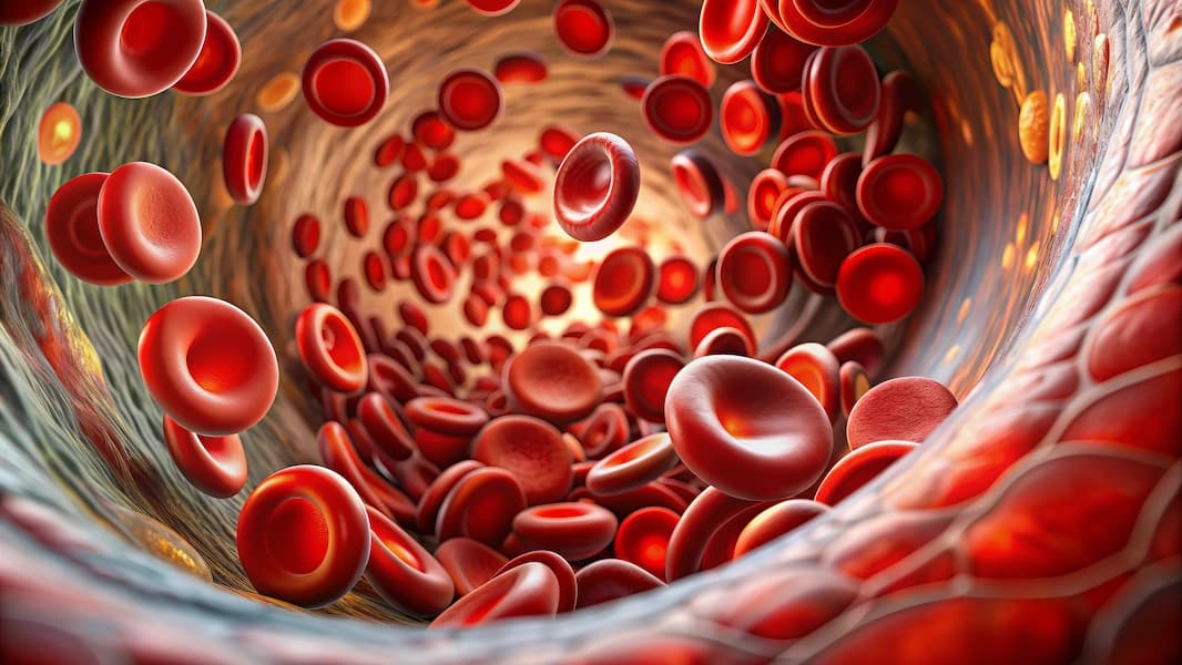 Zoom of a blood clot forming in a vein with red blood cells accumulating